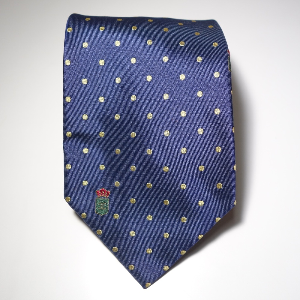 Vintage Chanel Paris Navy Blue & Yellow Polka Dot Silk Tie w/ Green Chanel Crest